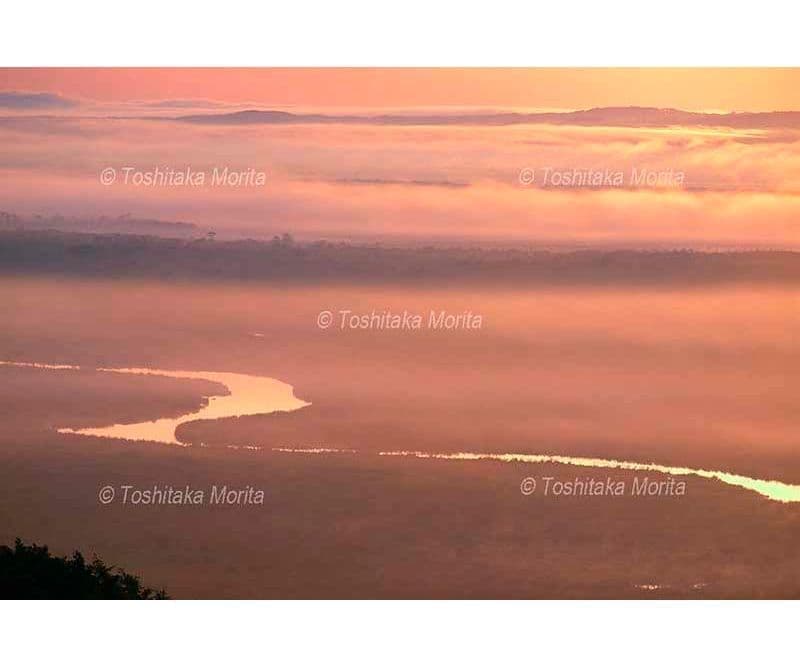 宮嶋岬から朝日に染まる霧漂う釧路湿原とチルワツナイ川
