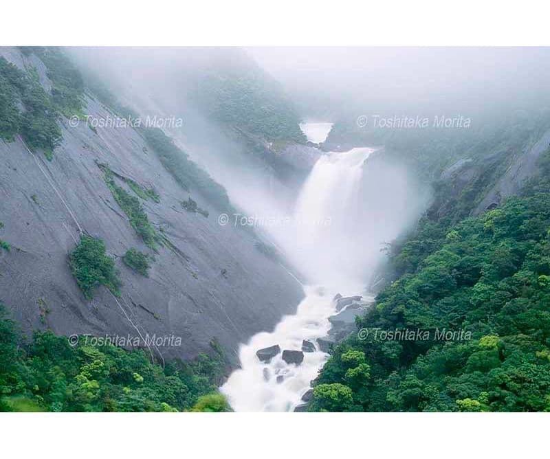 一枚岩と増水の千尋ノ滝