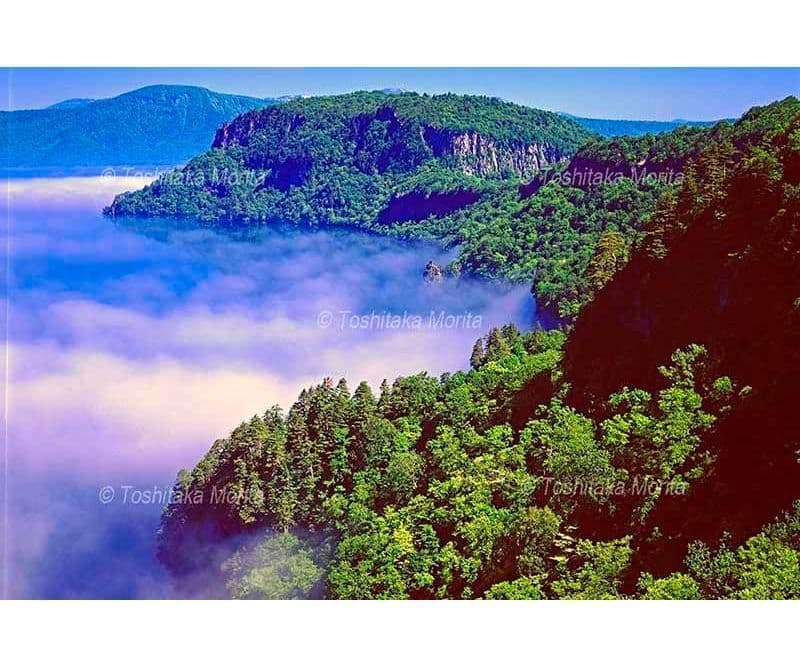 瞰湖台付近より霧晴れる十和田湖と新緑の御倉半島