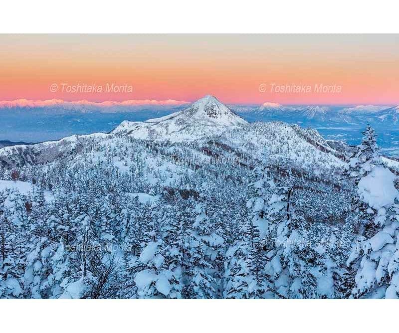 樹氷の横手山より笠ヶ岳と北アルプス朝景