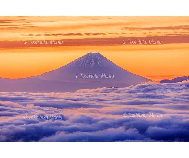 山本山高原より紅葉と雲海と山並朝景